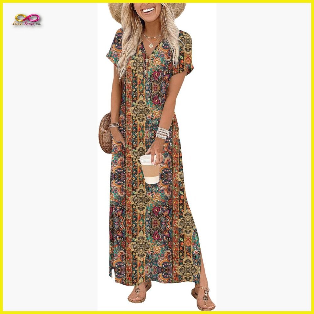 Maxi Dress with Pockets Casual Summer Split Hem V-Neck Loose Fit